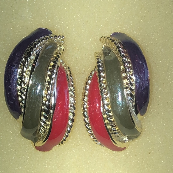 Vintage Enamel Chunky Retro Boho Pierced Earrings - Picture 1 of 6